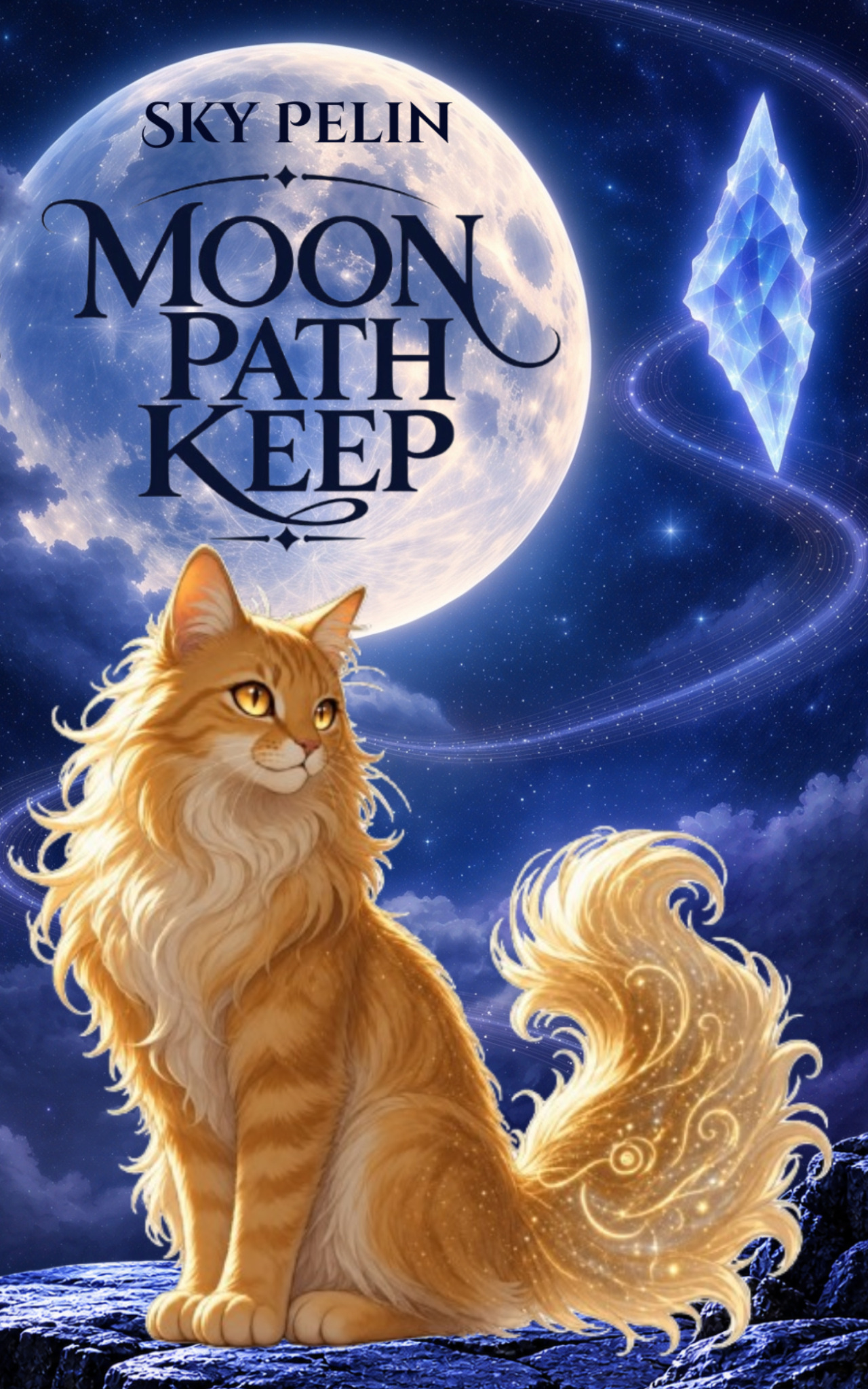 Moon Path Keep by Sky Pelin book cover, featuring Aura, a luminous moon, and a floating blue crystal shard